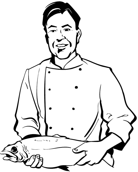Chef holding large fish vinyl sticker. Customize on line. Restaurants Bars Hotels 079-0298