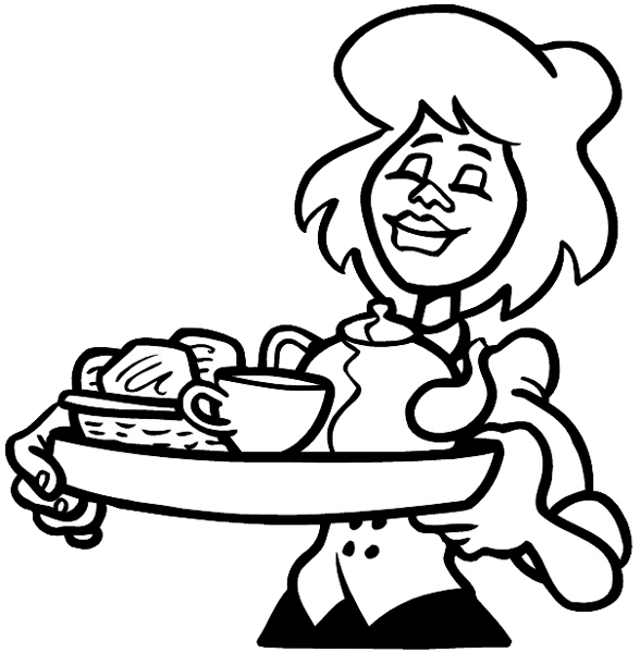 Waitress carrying a tea and cookie tray vinyl sticker. Customize on line. Restaurants Bars Hotels 079-0512