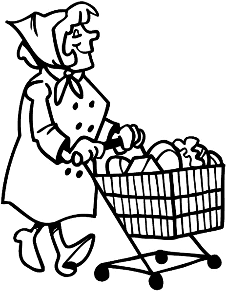 Lady pushing shopping cart of groceries vinyl sticker. Customize on line. Sales and Shopping 084-0280