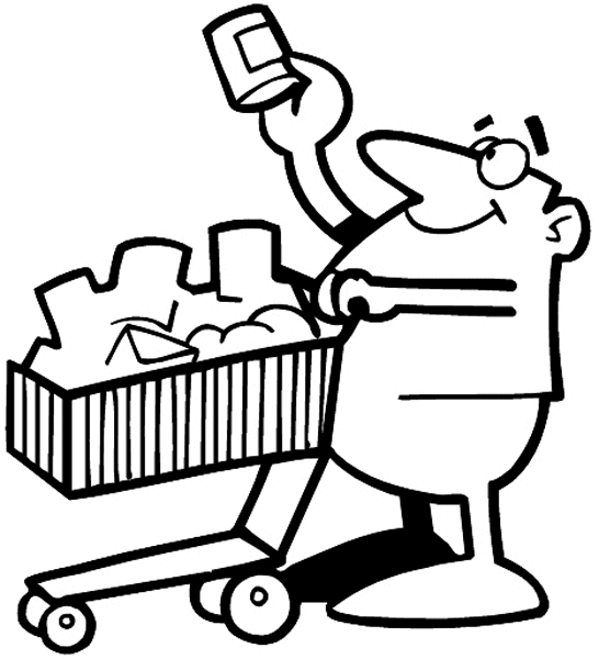 Shopping man with cart vinyl sticker. Customize on line.  Sales and Shopping 084-0307
