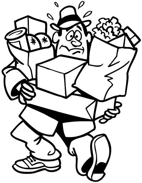 Man with arms loaded with shopping bags and boxes vinyl sticker. Customize on line. Sales and Shopping 084-0347