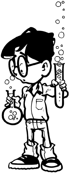 Boy in lab with bubbling vials vinyl sticker. Customize on line. Schools and Teaching 080-0217