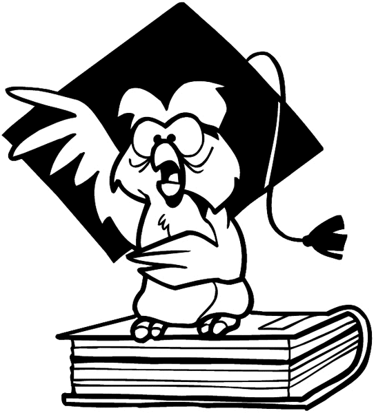 Owl with grad's hat standing on a book vinyl sticker. Customize on line. Schools and Teaching 080-0246