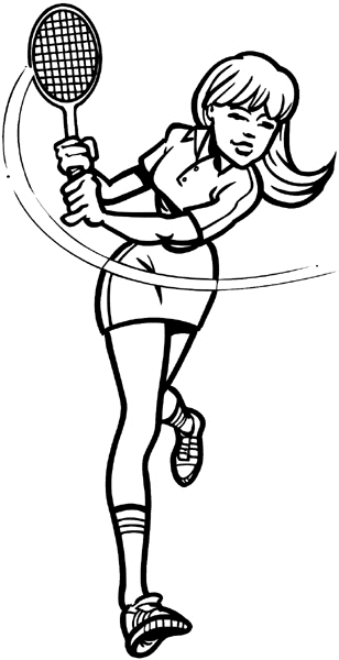 Lady swinging tennis racquet vinyl sticker. Customize on line. Sports 085-1173