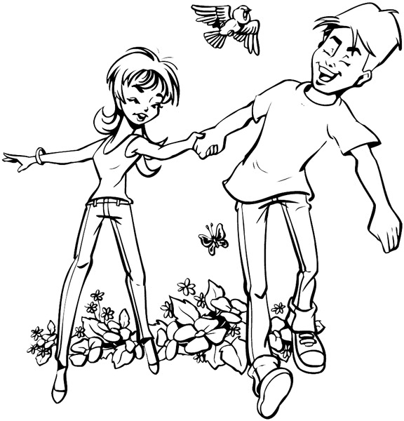 Teenage boy and girl walking amid flowers vinyl sticker. Customize on line. Spring 086-0061