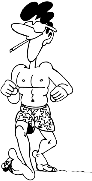 Man in swimsuit, sunglasses and cigarette vinyl sticker. Customize on line. Summer 088-0333