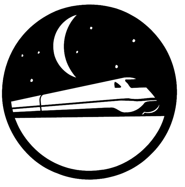 Streamlined train under a crescent moon and starry sky vinyl sticker. Customize on line. Trains 096-0037