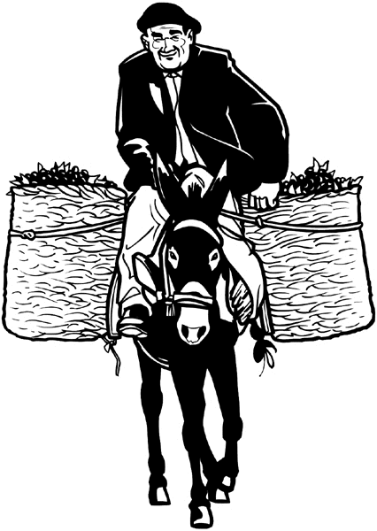 Man on Burro with basket carriers vinyl sticker. Customize on line. Transport and Postal 075-0064