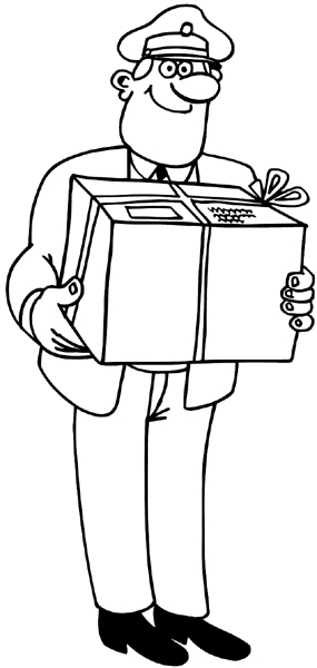 Man delivering package vinyl sticker. Customize on line. Transport and Postal 075-0084