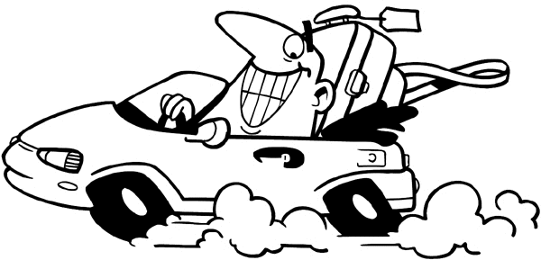 Happy man in convertible with luggage vinyl sticker. Customize on line. Vacations Trips Attractions 051-0264