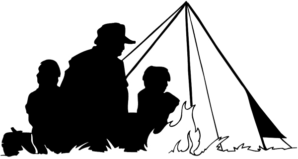 Man and two kids by tent and campfire vinyl sticker. Customize on line. Vacations Trips Attractions 051-0286