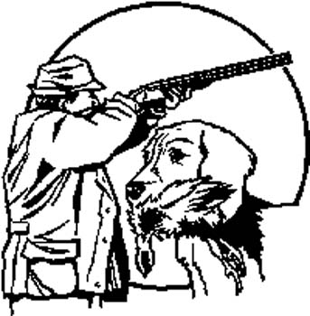 74 - Hunter with shotgun and dog retrieving prey vinyl decal. Customize on line. 