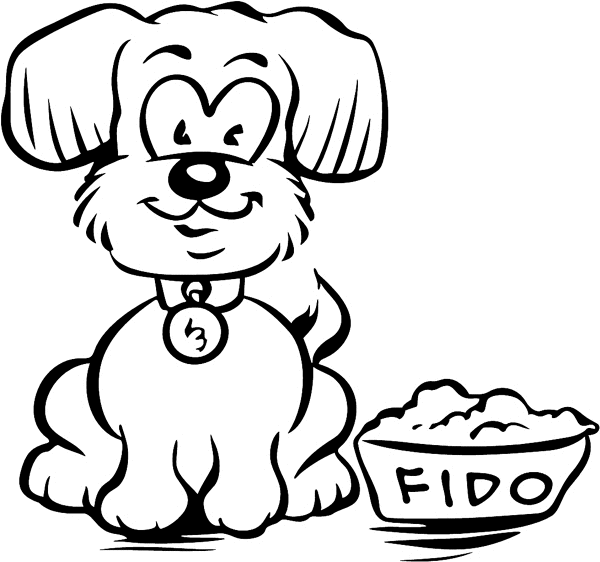Toon dog with food bowl vinyl sticker. Customize on line. animals14 cute doggy decal