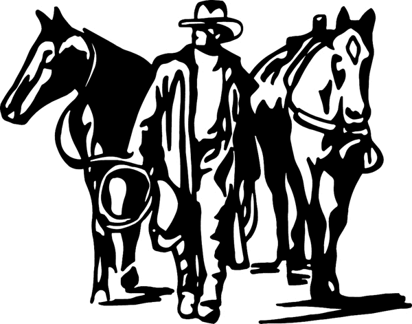 Cowboy leading two horses vinyl decal. Customize on line. cowboy_up049