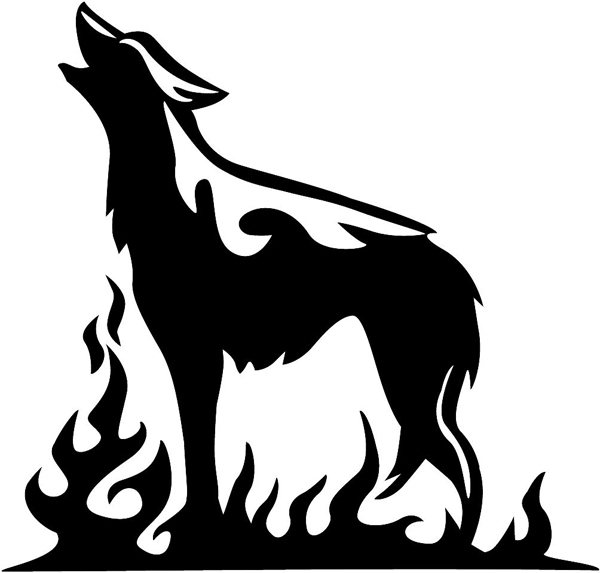 Howling Wolf Mascot in Flames graphic vinyl decal customized on line. animal-flames-0066b