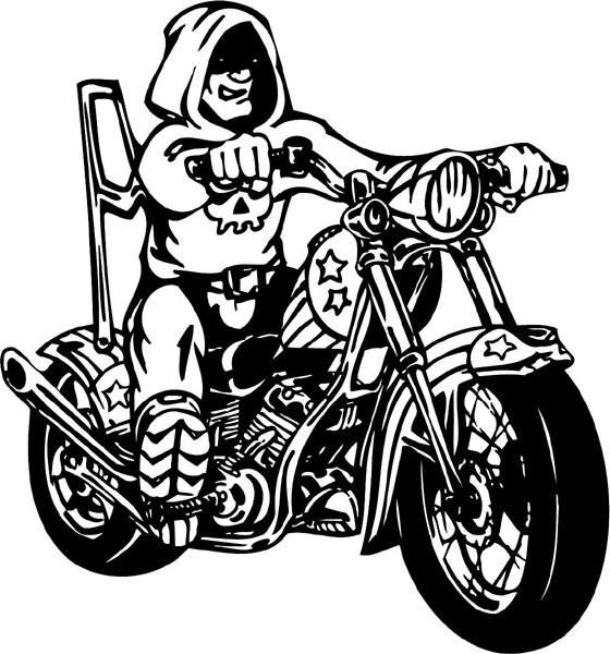 Thunder-Cycle with hooded super-hero rider vinyl decal. Personalize on line. thunder-cycle-tc_067
