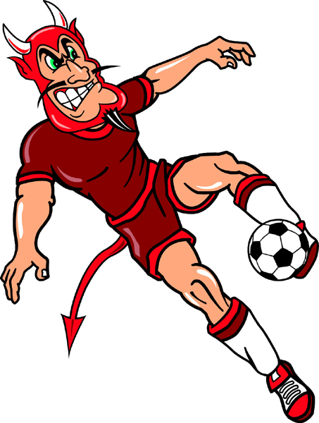 Devil soccer player mascot full color vinyl sports sticker. Customize on line. Devil Soccer