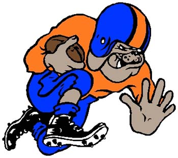 Bulldog football mascot sports decal. Personalize on line. 2f14 bulldog running with football