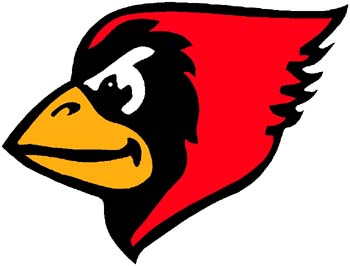 Cardinal mascot full color action sports decal. Customize on line. 2h4 cardinal head vinyl mascot decal