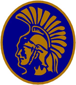 Trojan's head mascot blue and gold sports decal. Personalize as you order. 2l10 Trojan head in circle decal