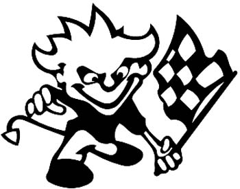 Calvin Devil with checkered flag vinyl decal customized online. 00000348
