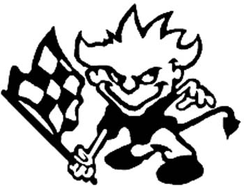 Calvin devil with checkered flag vinyl decal. Personalize on line. 1016 