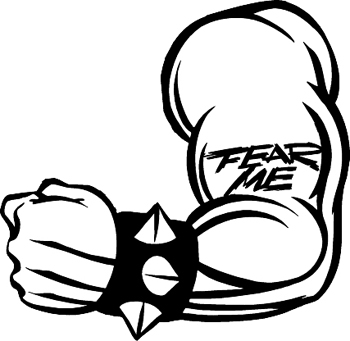 Muscled arm with 'fear me' lettering vinyl sticker. Customize on line. 1308