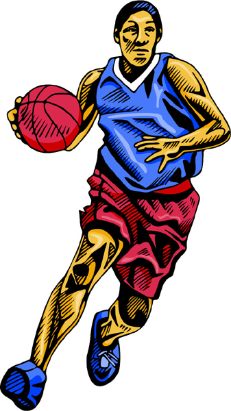 Basketball playing action full color sports sticker. Personalize as you order. BASKETBALL_4C_02