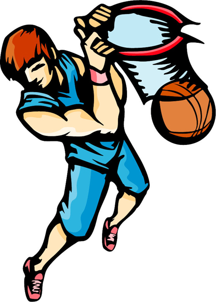 Basketball player, ball and hoop full color action sports decal. Customize on line. BASKETBALL_5C_00