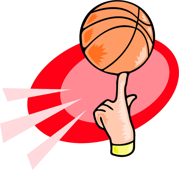 Basketball balanced on finger full color sports sticker. Personalize on line. ESPORTS_07
