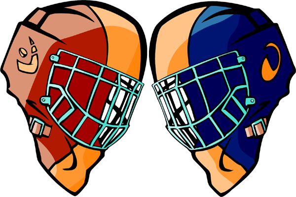 Two football helmets full color sports sticker. Personalize on line. FOOTBALL_5C_20