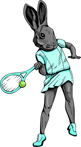 Jackrabbit women's tennis mascot full color sports decal. Customize on line. MASCOTS_4C_13