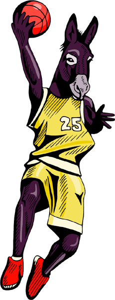 Donkey mascot basketball player full color decal. Personalize as you order. MASCOTS_4C_15