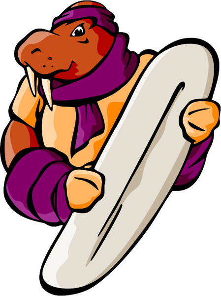 Walrus snowboarding mascot full color sports sticker. Personalize on line. MASCOTS_5C_066