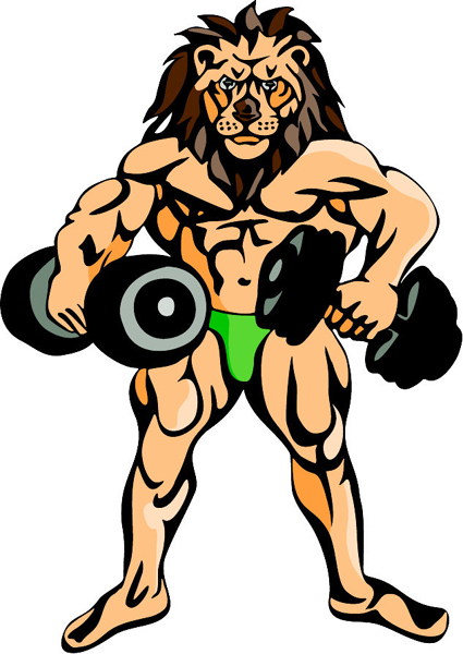 Lion mascot weightlifter full color sports sticker. Personalize on line. MASCOTS_5C_071