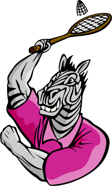 Zebra badminton mascot full color action decal. Personalize on line. MASCOTS_5C_080