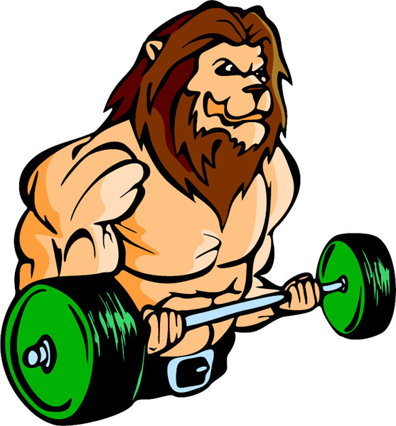 Lion weightlifting mascot full color sports sticker. Customize on line. MASCOTS_5C_081