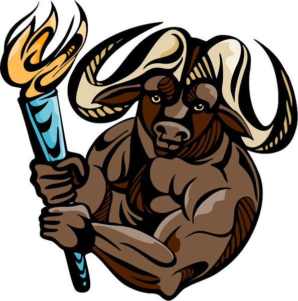 Water Buffalo mascot carrying torch full color sports sticker. Customize on line. MASCOTS_5C_092