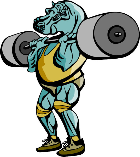 Hippo weight lifter mascot full color sports decal. Personalize on line. MASCOTS_5C_101