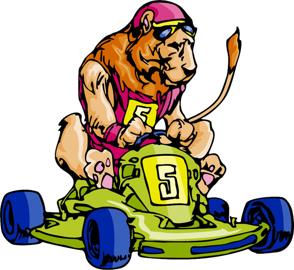 Lion mascot race car driver full color sports decal. Personalize on line. MASCOTS_6C_01