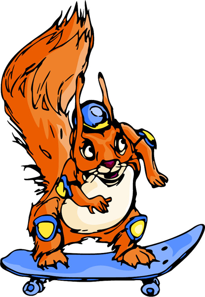 Squirrel skateboarding mascot full color action sports sticker. Customize on line. MASCOTS_6C_02