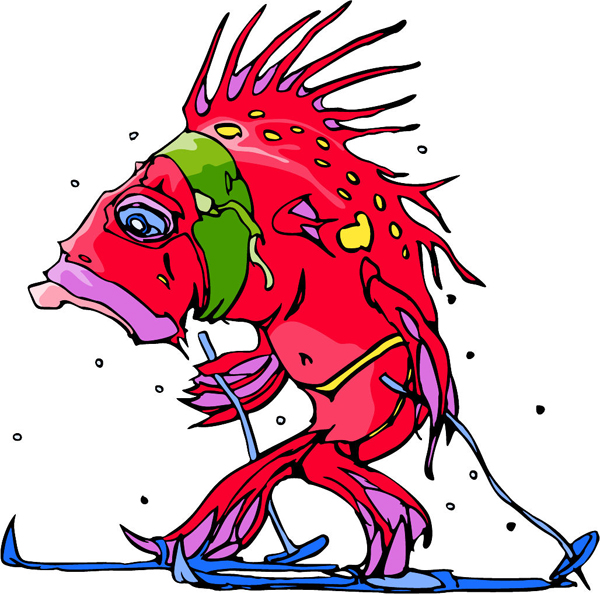 Fish snow skiing mascot full color sports decal. Personalize on line. MASCOTS_6C_18