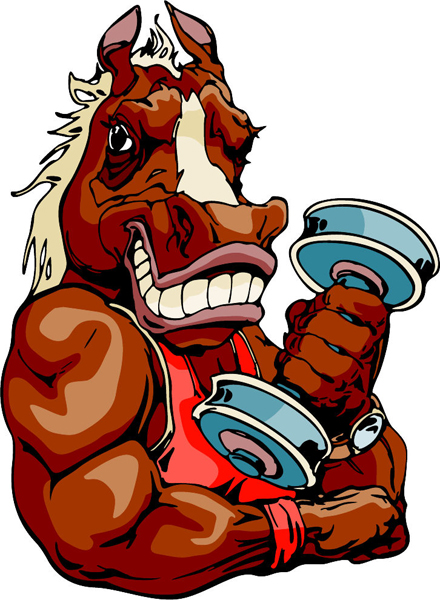 Mustang weight lifter mascot full color sports decal. Personalize on line. MASCOTS_6C_40