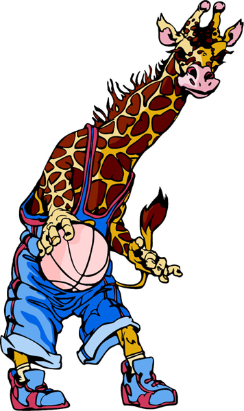 Giraffe mascot basketball player full color sports sticker. Make it personal! MASCOTS_6C_43