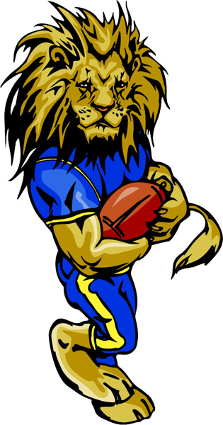 Lion football mascot full color action sports decal. Customize on line. MASCOTS_6C_64