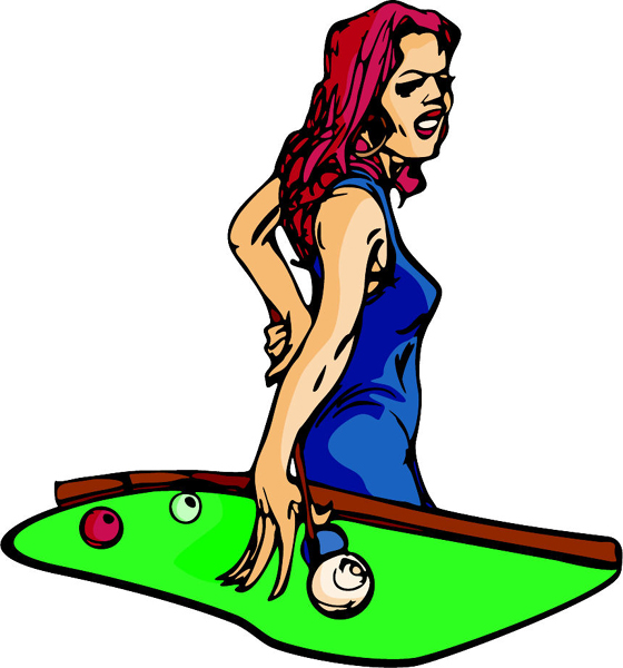 Pool playing babe full color sports sticker. Customize on line. POOLHALL_DARTS_6C_01