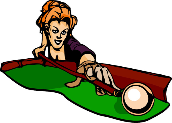 Pool playing babe full color sports decal. Customize on line. POOLHALL_DARTS_6C_03