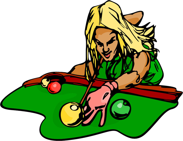 Lady pool player full color action sports decal. Personalize on line. POOLHALL_DARTS_6C_05