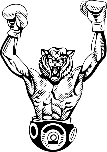 Tiger boxing winner mascot sports action sticker. Customize on line. MASCOTS_4BL_23