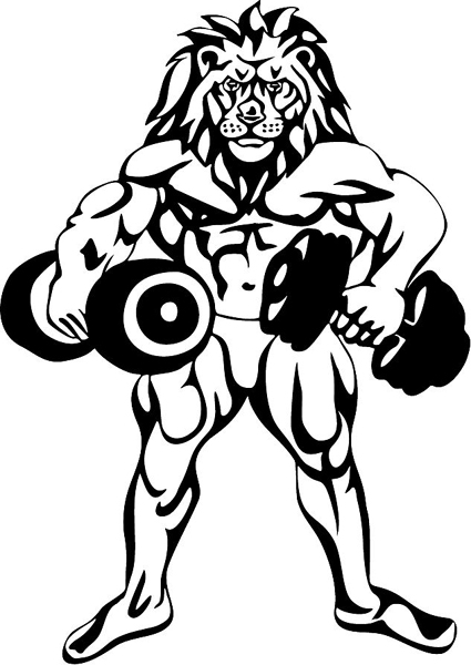 Lion weightlifter mascot sports sticker. Personalize on line. MASCOTS_5BL_071